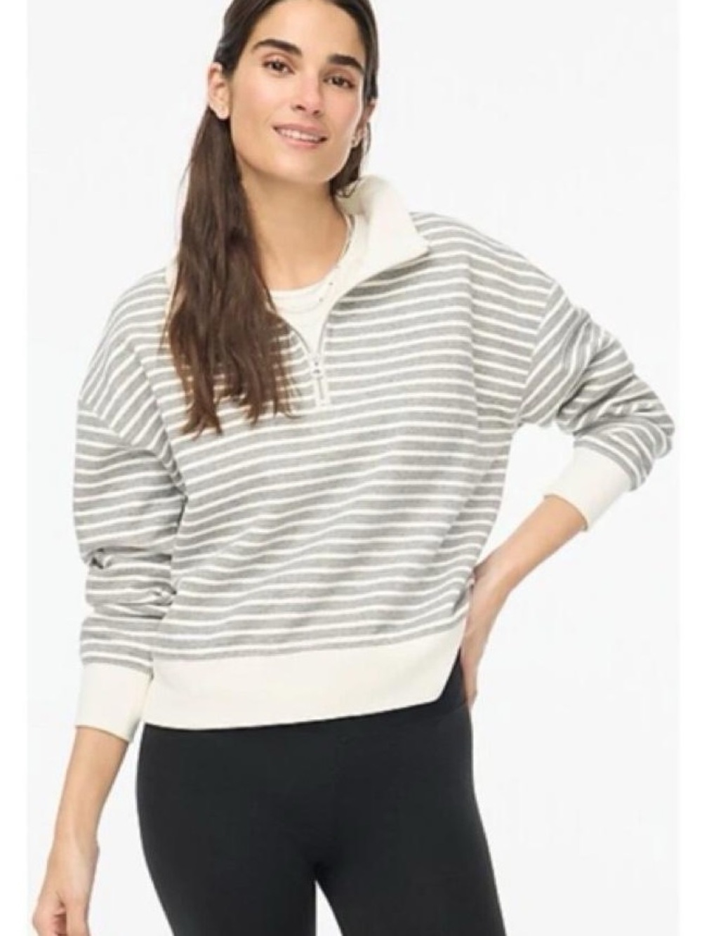 J. Crew Striped Half-Zip Pullover Boxy Sweatshirt - Gray & White